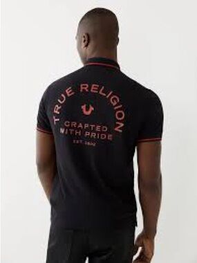 True Religion Black Polo Shirt Red Logo Men’s Medium Short Sleeve
